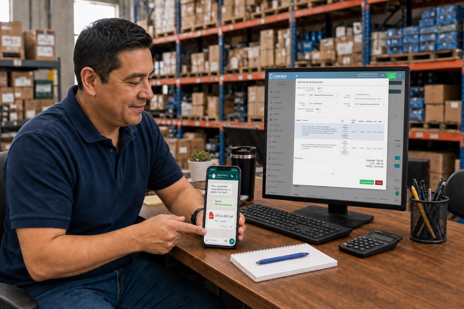 Persona enviando por WhatsApp el CFDI timbrado desde CONCRAD, con UUID y folio visibles en pantalla