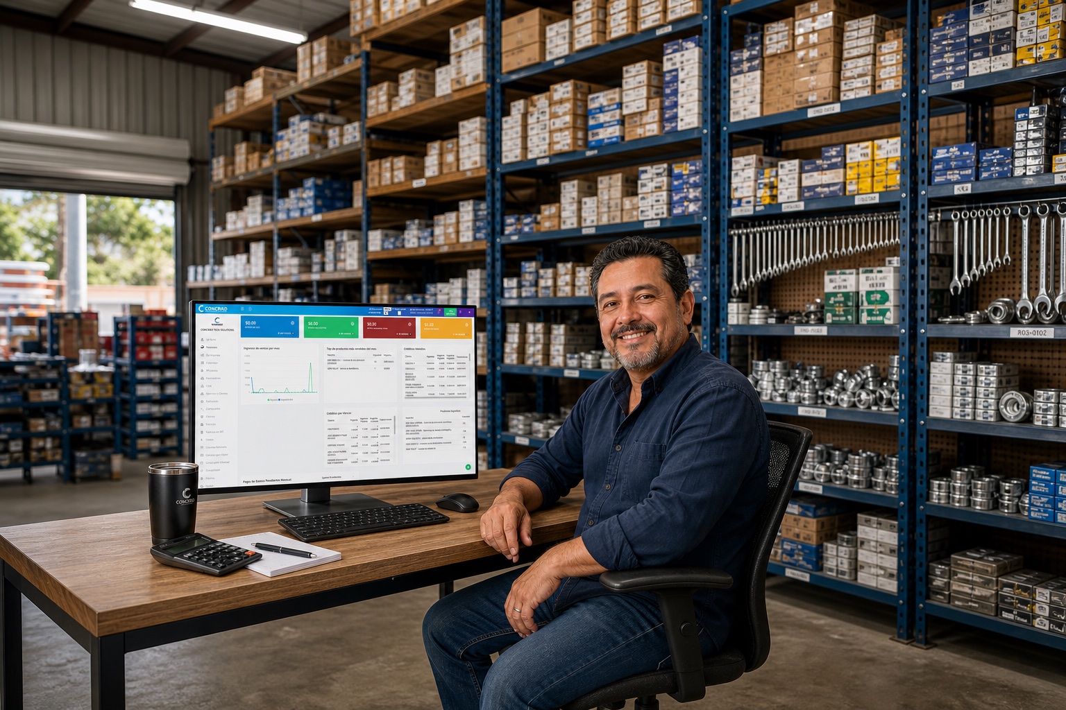 Dueño de comercializadora satisfecho en su escritorio, con el inventario al fondo y el dashboard CONCRAD en su computadora